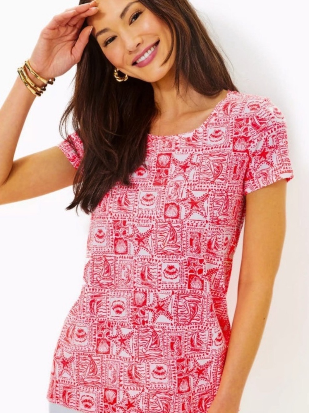 NWT Lilly Pulitzer Etta Scoop Neck Tee Mizner Red Seaside Harbour